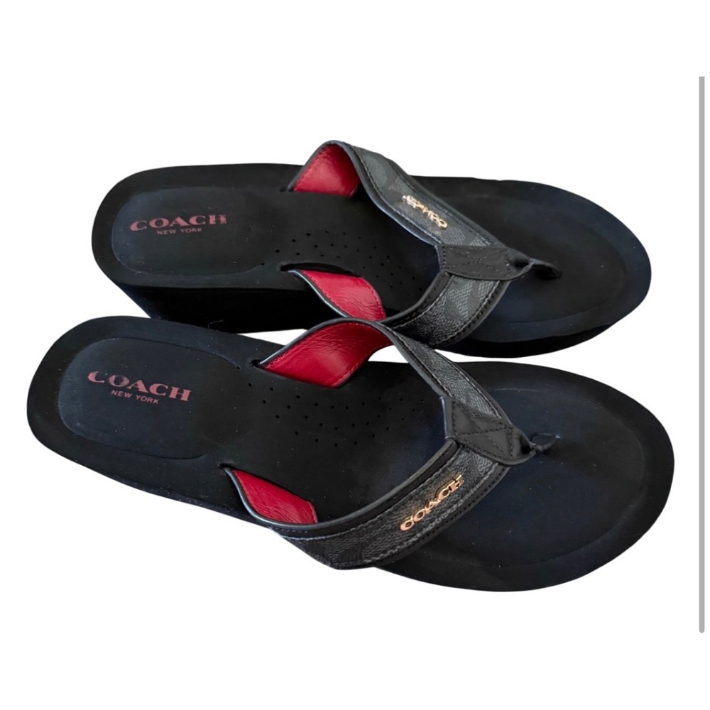 Coach Womens Black Signature Jolene Wedge Flip Flops Platform Sandals Size 8